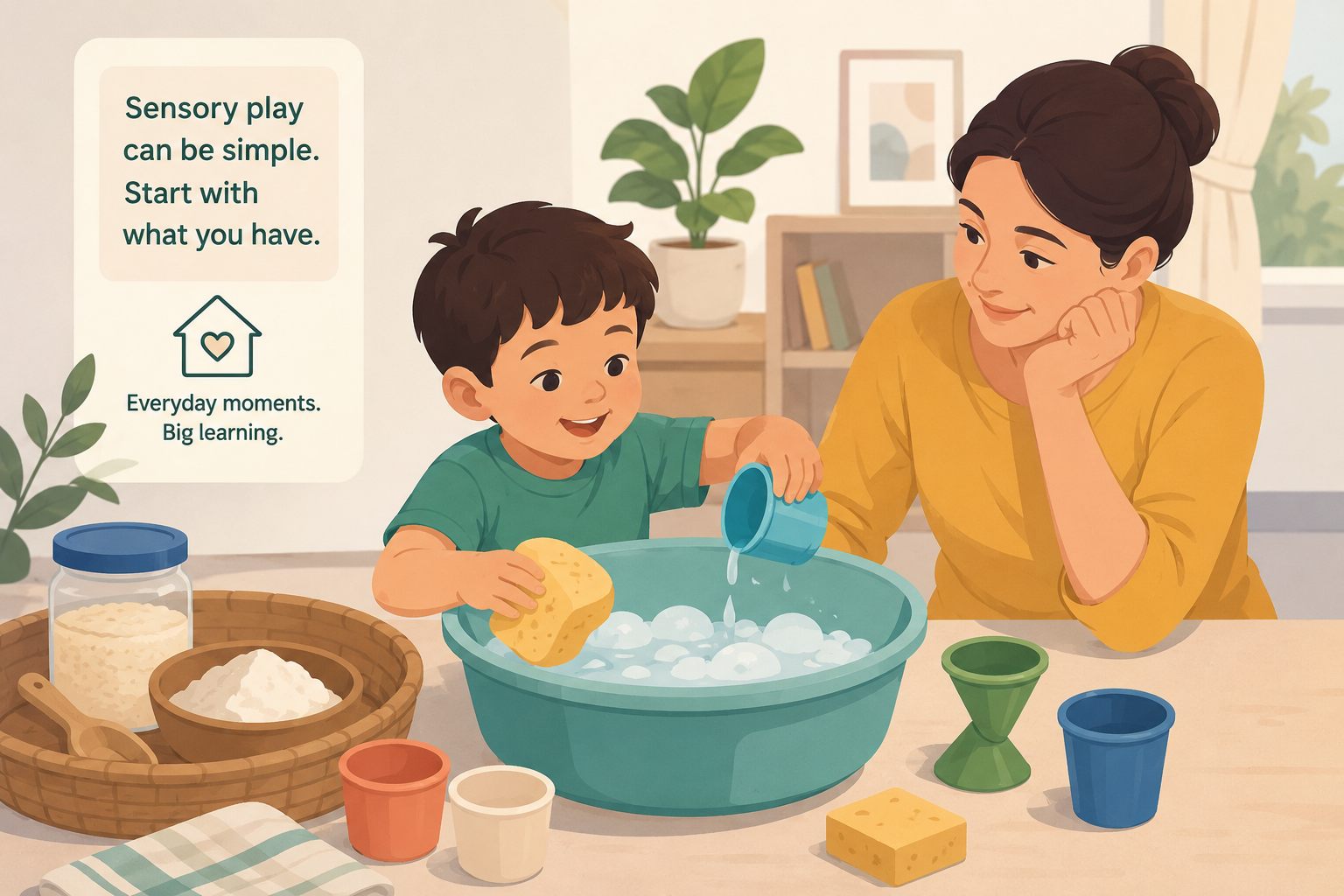 Child experiencing sensory plat at home with mother